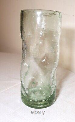 Vintage hand blown Murano studio art glass green dimple crackle cylinder vase
