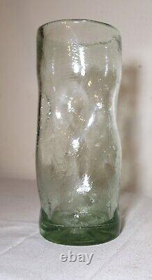 Vintage hand blown Murano studio art glass green dimple crackle cylinder vase