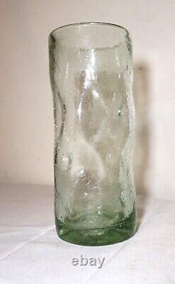 Vintage hand blown Murano studio art glass green dimple crackle cylinder vase