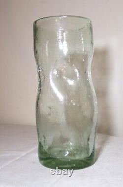 Vintage hand blown Murano studio art glass green dimple crackle cylinder vase