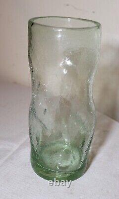 Vintage hand blown Murano studio art glass green dimple crackle cylinder vase