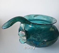 Vintage hand blown Seguso Murano Italy Iridescent Green Scavo style Glass bowl