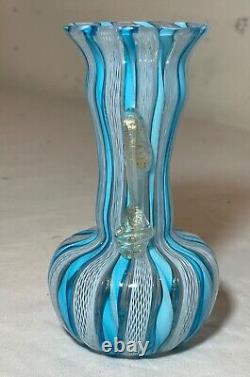 Vintage hand blown blue white gold Murano Italian latticino studio glass vase