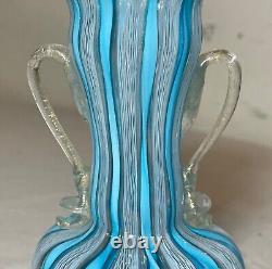 Vintage hand blown blue white gold Murano Italian latticino studio glass vase