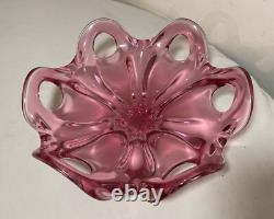 Vintage hand blown pink red glass Italian centerpiece footed bowl Murano