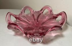 Vintage hand blown pink red glass Italian centerpiece footed bowl Murano