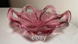 Vintage hand blown pink red glass Italian centerpiece footed bowl Murano