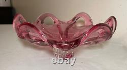 Vintage hand blown pink red glass Italian centerpiece footed bowl Murano