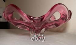Vintage hand blown pink red glass Italian centerpiece footed bowl Murano