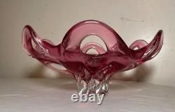 Vintage hand blown pink red glass Italian centerpiece footed bowl Murano