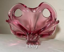 Vintage hand blown pink red glass Italian centerpiece footed bowl Murano