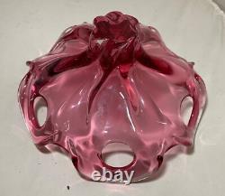 Vintage hand blown pink red glass Italian centerpiece footed bowl Murano