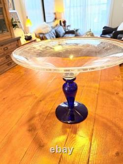 Vintage very large hand blown Murano style glass compote XL blue vase