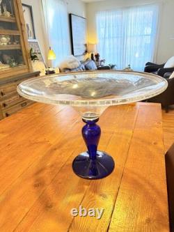 Vintage very large hand blown Murano style glass compote XL blue vase
