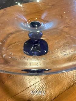 Vintage very large hand blown Murano style glass compote XL blue vase