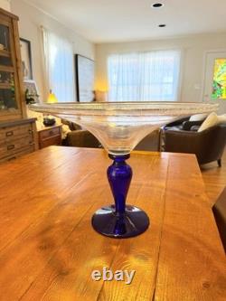 Vintage very large hand blown Murano style glass compote XL blue vase
