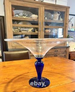 Vintage very large hand blown Murano style glass compote XL blue vase