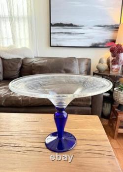 Vintage very large hand blown Murano style glass compote XL blue vase