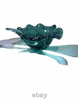 Vtg 1960 Murano Hand Blown Green Four Leaf Clover Bullicante Bowl-Glass Glows