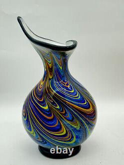 Vtg 1990'S HAND BLOWN Murano Glass Art Vase Colorful Rainbow Rare Italy 14 Heav
