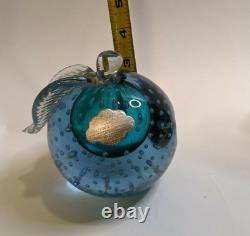 Vtg Alfredo Barbini Hand Blown Art Glass Bubble Murano Italy Blue Apple Gold