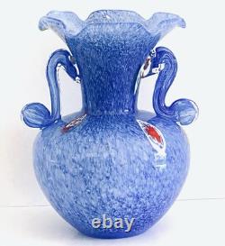 Vtg Blue Muti Color Murano Millefiori Italian Blown Glass Vase Applied Handles