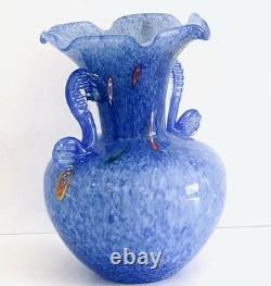 Vtg Blue Muti Color Murano Millefiori Italian Blown Glass Vase Applied Handles
