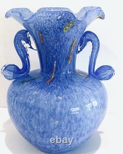 Vtg Blue Muti Color Murano Millefiori Italian Blown Glass Vase Applied Handles