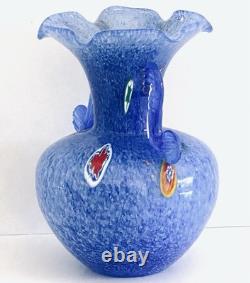 Vtg Blue Muti Color Murano Millefiori Italian Blown Glass Vase Applied Handles
