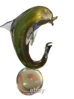 Vtg Hand Blown Murano Glass Dolphin Sculpture with Gold Flecks 11.5 inches
