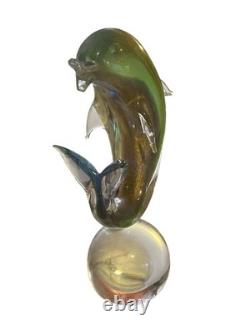 Vtg Hand Blown Murano Glass Dolphin Sculpture with Gold Flecks 11.5 inches
