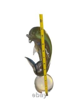 Vtg Hand Blown Murano Glass Dolphin Sculpture with Gold Flecks 11.5 inches