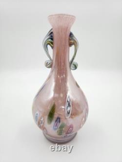 Vtg Hand Blown Murano Glass Millefiori Applied Handle Vase Pink Made in Italy