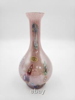Vtg Hand Blown Murano Glass Millefiori Applied Handle Vase Pink Made in Italy