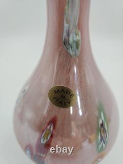 Vtg Hand Blown Murano Glass Millefiori Applied Handle Vase Pink Made in Italy