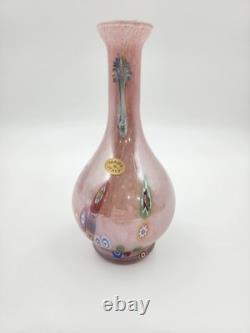 Vtg Hand Blown Murano Glass Millefiori Applied Handle Vase Pink Made in Italy