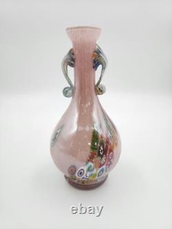 Vtg Hand Blown Murano Glass Millefiori Applied Handle Vase Pink Made in Italy