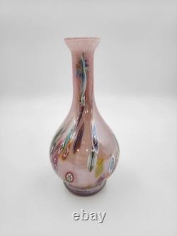 Vtg Hand Blown Murano Glass Millefiori Applied Handle Vase Pink Made in Italy