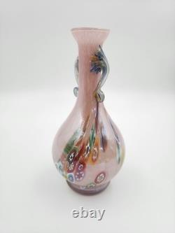 Vtg Hand Blown Murano Glass Millefiori Applied Handle Vase Pink Made in Italy