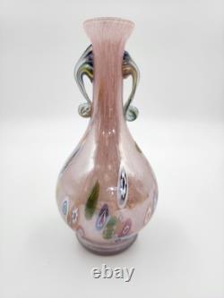 Vtg Hand Blown Murano Glass Millefiori Applied Handle Vase Pink Made in Italy