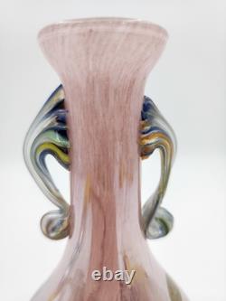 Vtg Hand Blown Murano Glass Millefiori Applied Handle Vase Pink Made in Italy