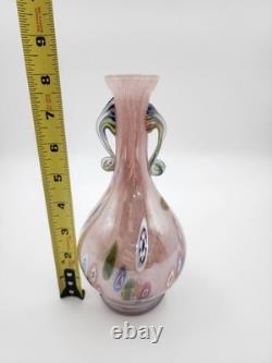 Vtg Hand Blown Murano Glass Millefiori Applied Handle Vase Pink Made in Italy