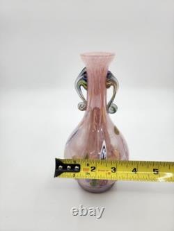 Vtg Hand Blown Murano Glass Millefiori Applied Handle Vase Pink Made in Italy