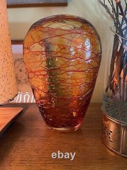 Vtg Hand blown Amber Orange Red Threaded Murano Glass Vase By Fulvio Bianconi