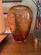 Vtg Hand blown Amber Orange Red Threaded Murano Glass Vase By Fulvio Bianconi