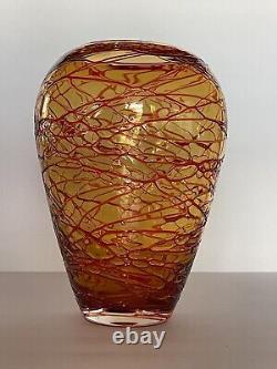 Vtg Hand blown Amber Orange Red Threaded Murano Glass Vase By Fulvio Bianconi