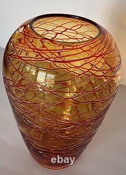 Vtg Hand blown Amber Orange Red Threaded Murano Glass Vase By Fulvio Bianconi