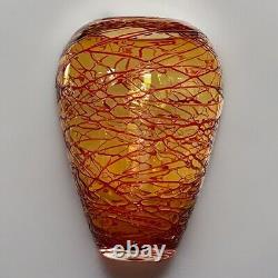 Vtg Hand blown Amber Orange Red Threaded Murano Glass Vase By Fulvio Bianconi