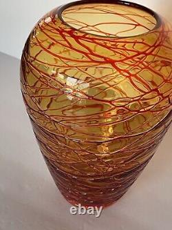 Vtg Hand blown Amber Orange Red Threaded Murano Glass Vase By Fulvio Bianconi