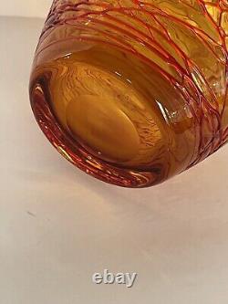 Vtg Hand blown Amber Orange Red Threaded Murano Glass Vase By Fulvio Bianconi